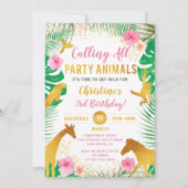 ピンクフローラジャングルアニマルズサファリガールズ誕生日 招待状 (正面)