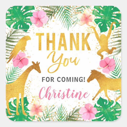 ピンクフローラジャングルアニマルズサファリパーティー スクエアシール (正面)