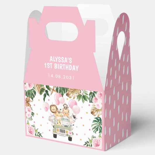 ピンクフローラジャングルサファリアニマルズガール誕生日 フェイバーボックス (オープン)