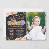 ピンクフローラジャングルパーティー動物誕生日写真 招待状 (正面)