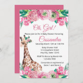 ピンクフローラジャングル動物キリン少女ベビーシャワー 招待状 (正面/裏面)