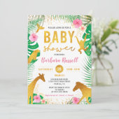 ピンクフローラジャングル動物サファリガールベビーシャワー 招待状 (スタンド正面)
