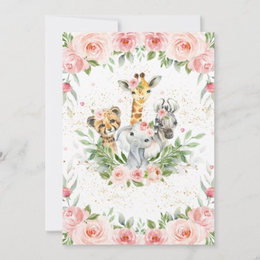 ピンクフローラジャングル動物ベビーシャワー招待状 招待状 (裏面)