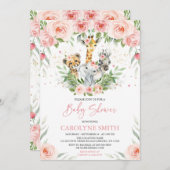 ピンクフローラジャングル動物ベビーシャワー招待状 招待状 (正面/裏面)