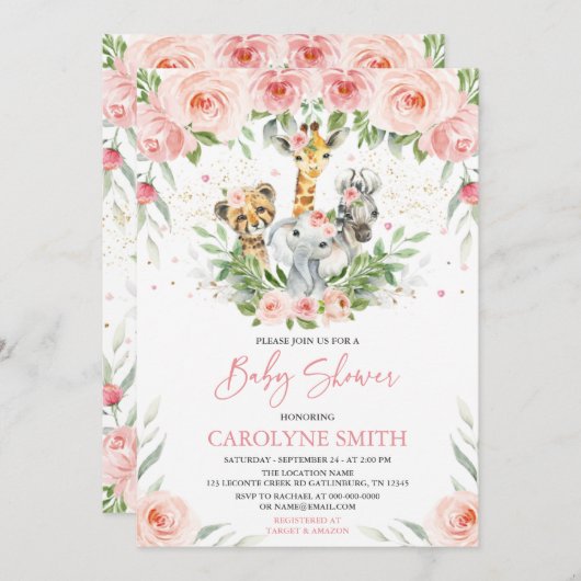 ピンクフローラジャングル動物ベビーシャワー招待状 招待状 (正面/裏面)
