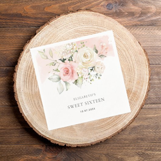 ピンクフローラスウィート16バースデーパーティー紙 スタンダードカクテルナプキン