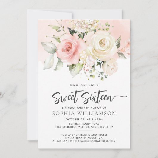ピンクフローラスウィート16バースデーパーティー 招待状 (正面)
