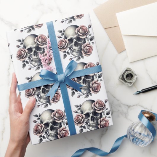 ピンクフローラスカルゴシック系ブラックラインアート ラッピングペーパー (ギフト)