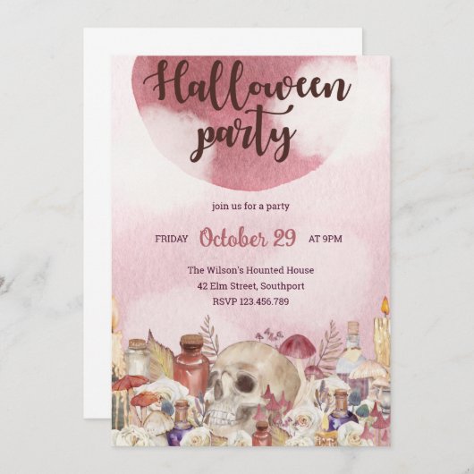 ピンクフローラスカルハローウィンパーティ招待状 招待状 (正面/裏面)