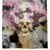 ピンクフローラスカル抽象芸術アート シャワーカーテン (正面)