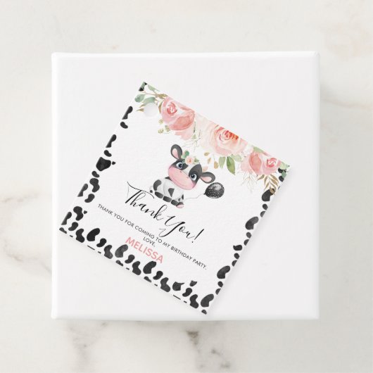 ピンクフローラスクエアカウカプリント誕生日ありがとう フェイバータグ (インサイチュ)