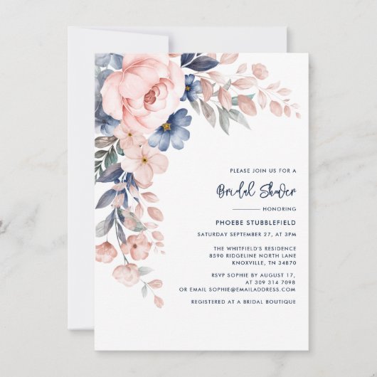 ピンクフローラスクリプトエレガントブライダルシャワー 招待状 (正面)