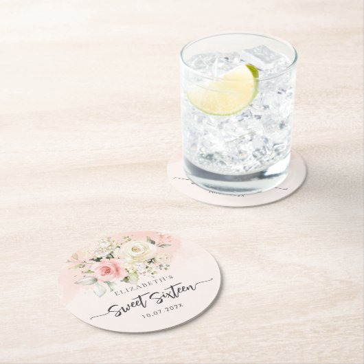 ピンクフローラスクリプトスウィート16誕生日パーティー ラウンドペーパーコースター (インサイチュ)