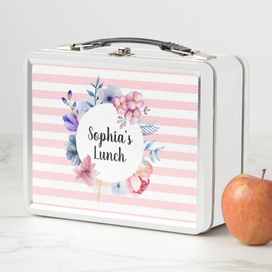 ピンクフローラストライプの金属弁当箱 メタルランチボックス (インサイチュ)