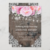 ピンクフローラストリングライツ素朴バースデーパーティー 招待状 (正面/裏面)