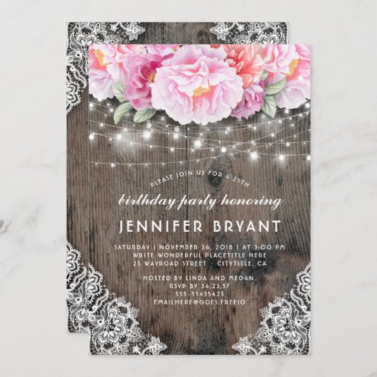 ピンクフローラストリングライツ素朴バースデーパーティー 招待状 (正面/裏面)