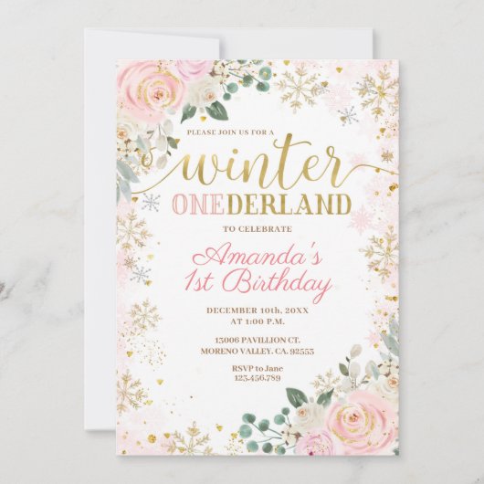 ピンクフローラスノーフレークスウィンターオンダーランド誕生日 招待状 (正面)