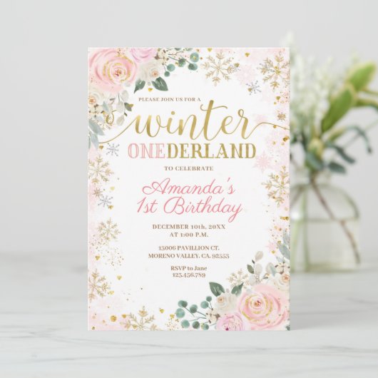 ピンクフローラスノーフレークスウィンターオンダーランド誕生日 招待状 (スタンド正面)