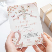 ピンクフローラスペインのバタフライバプテスマ第2誕生日 招待状