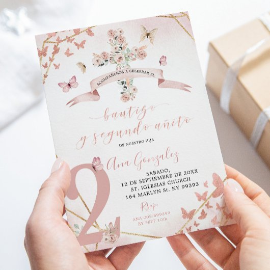 ピンクフローラスペインのバタフライバプテスマ第2誕生日 招待状