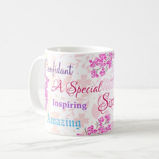 ピンクフローラスペシャルシスター思慮深い心を持つ コーヒーマグカップ (正面左)