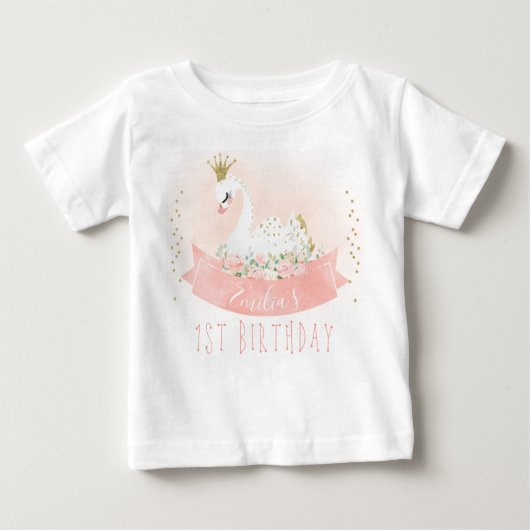 ピンクフローラスワンプリンセス第1誕生日Tシャツ ベビーTシャツ (正面)