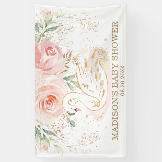 ピンクフローラスワンベビーシャワー誕生日背景 横断幕 (縦)