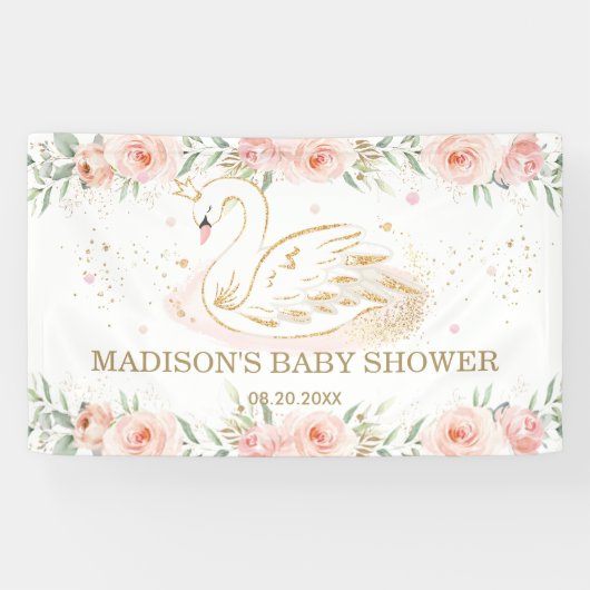 ピンクフローラスワンベビーシャワー誕生日背景 横断幕 (横)