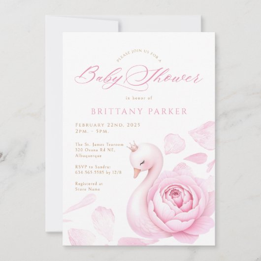 ピンクフローラスワンベビーシャワー 招待状 (正面)