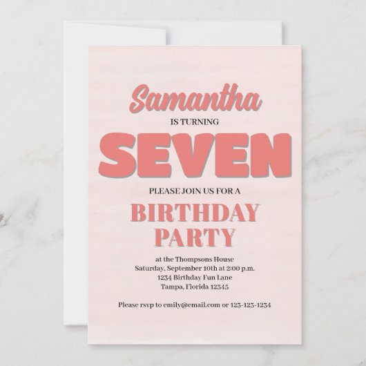 ピンクフローラセブン誕生日ガールパーティーテンプレート 招待状 (正面)