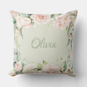 ピンクフローラセージグリーンウォーターカラーネームベビーガール クッション (正面)