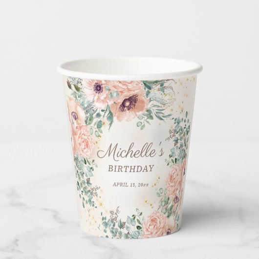 ピンクフローラセージグリーン離れ誕生日 紙コップ (裏面)