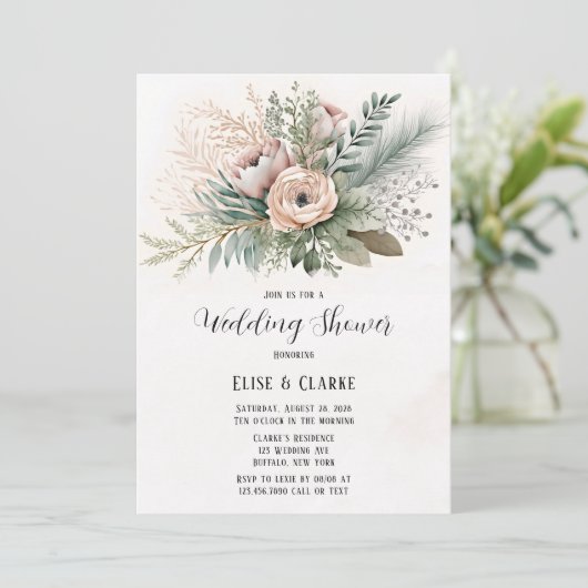 ピンクフローラセージ緑のウェディングシャワーの招待 招待状 (スタンド正面)