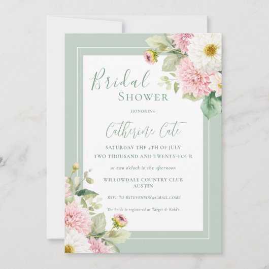 ピンクフローラセージ緑エレガントブライダルシャワー 招待状 (正面)