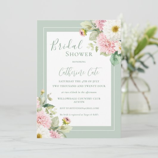 ピンクフローラセージ緑エレガントブライダルシャワー 招待状 (スタンド正面)