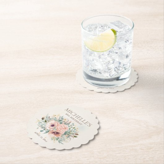 ピンクフローラセージ葉グリーングリッター誕生日 ペーパーコースター (インサイチュ)