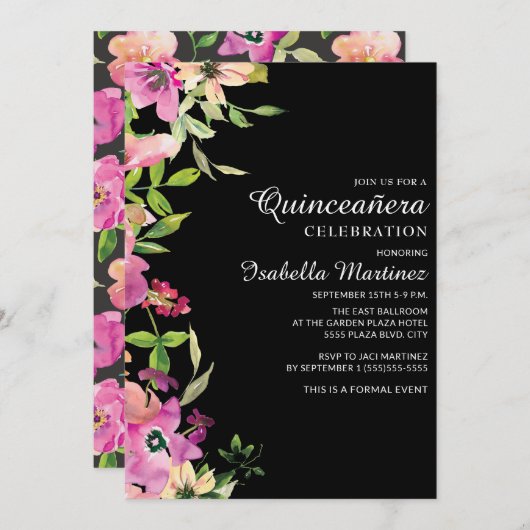 ピンクフローラセージ葉グリーンシズブラッククインセアニラ 招待状 (正面/裏面)