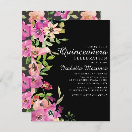 ピンクフローラセージ葉グリーンシズブラッククインセアニラ 招待状 (正面/裏面)