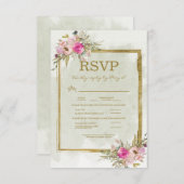 ピンクフローラセージ葉グリーン金ゴールド結婚式RSVP 出欠カード (正面/裏面)
