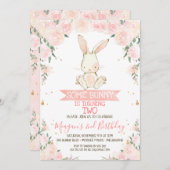 ピンクフローラソフバニーガールズ誕生日招待状 招待状 (正面/裏面)