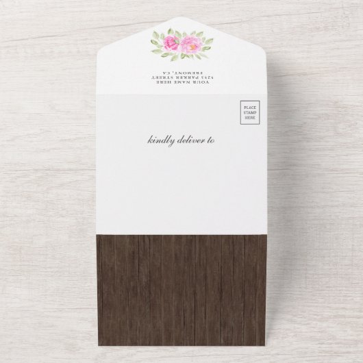 ピンクフローラゾウ双子ガールズウッドベビーシャワー オールインワン招待状 (外側)