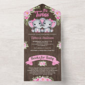 ピンクフローラゾウ双子ガールズウッドベビーシャワー オールインワン招待状 (内側)