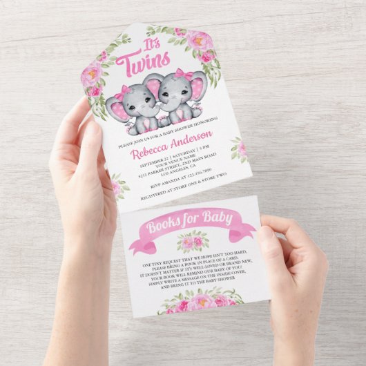 ピンクフローラゾウ双子ガールズベビーシャワー オールインワン招待状 (貼ってはがせる)