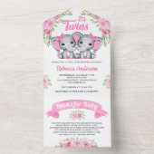 ピンクフローラゾウ双子ガールズベビーシャワー オールインワン招待状 (内側)