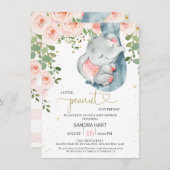 ピンクフローラゾウ女の子ピーナッツベビーシャワー 招待状 (正面/裏面)