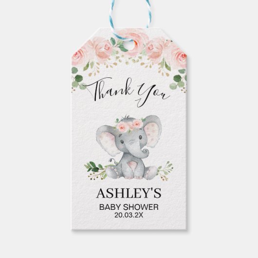 ピンクフローラゾウ赤ちゃんシャワーありがとうラベル ギフトタグ (正面)
