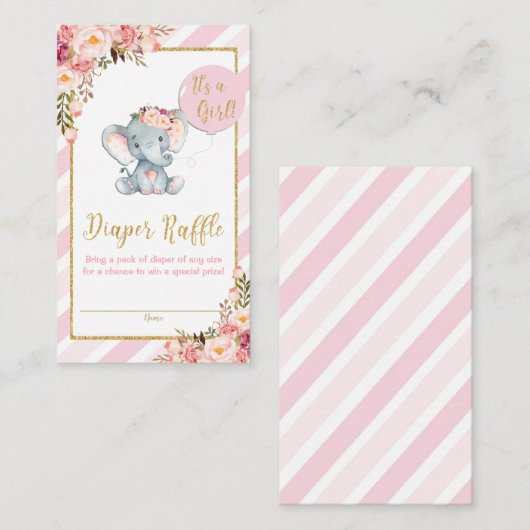 ピンクフローラゾウ赤ちゃんシャワーおむつラッフル エンクロージャーカード (正面/裏面)