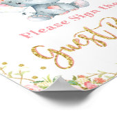 ピンクフローラゾウ赤ちゃんシャワーゲストブックサイン ポスター (角)