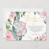 ピンクフローラゾウ赤ちゃんシャワーサンキューカード 招待状 (正面)
