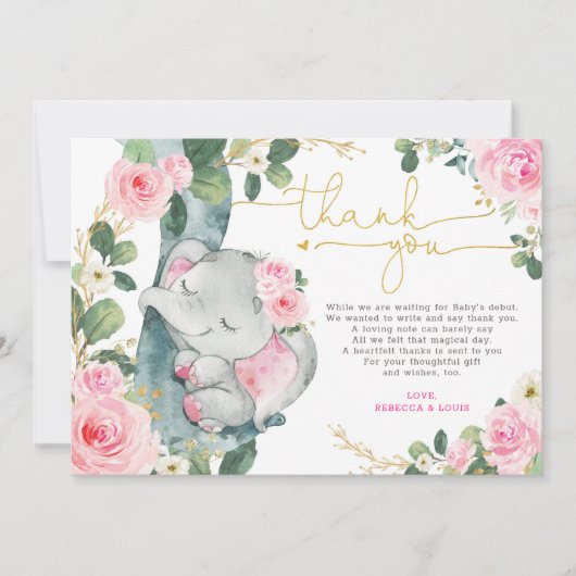 ピンクフローラゾウ赤ちゃんシャワーサンキューカード 招待状 (正面)